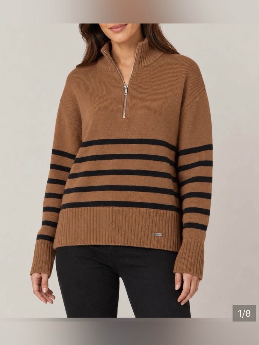 Dkny Womens Long Sleeve 1/4 Zip Camel and Black Striped Half-Zip Turtleneck 2x